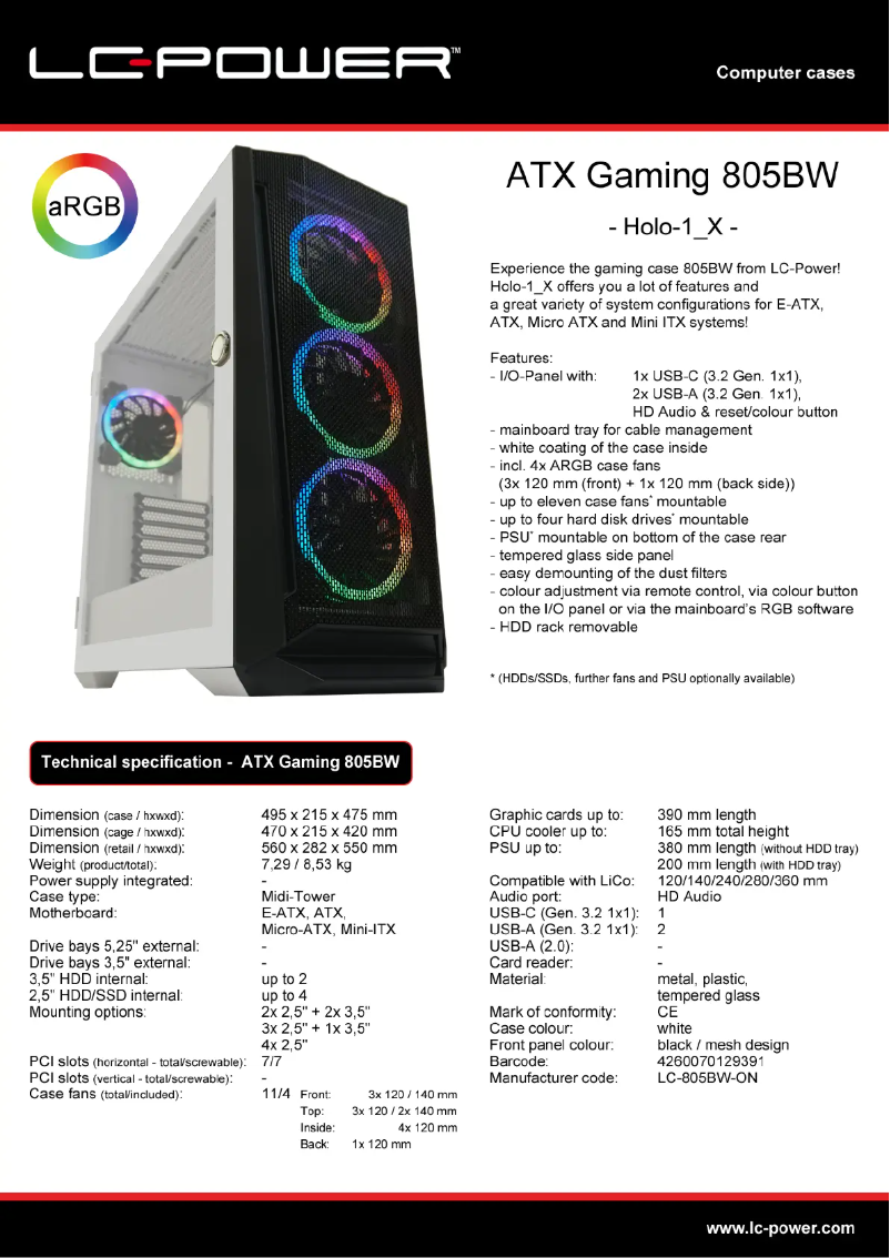 Page 1 de la notice Fiche technique LC-Power Gaming 805BW