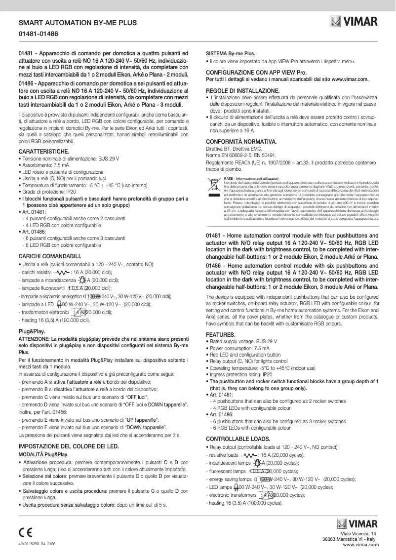 Page 1 de la notice Manuel utilisateur Vimar 01486