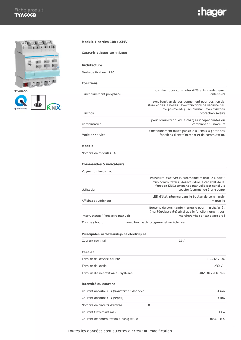 Page n°1 - Fiche technique Hager TYA606B