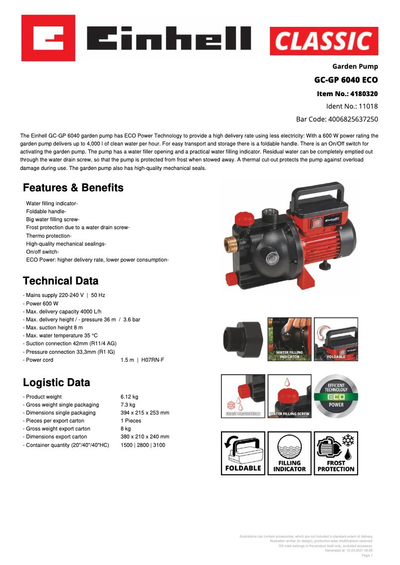 Page n°1 - Fiche technique Einhell GC-GP 6040 ECO