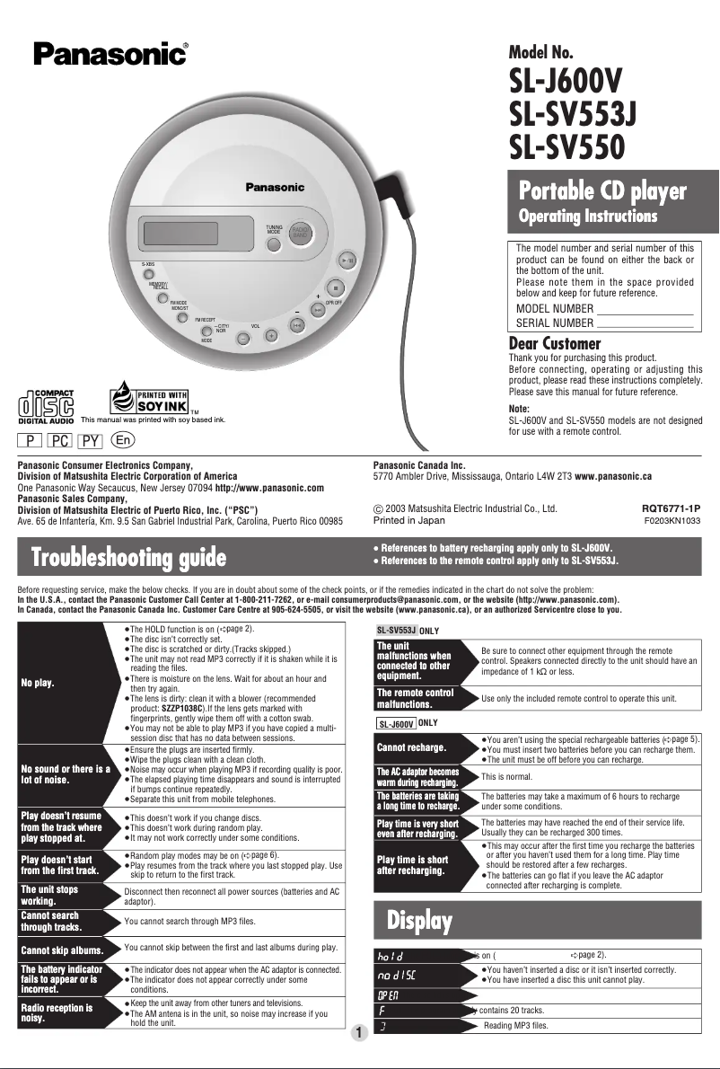 Page n°1 - Manuel utilisateur Panasonic SL-J600