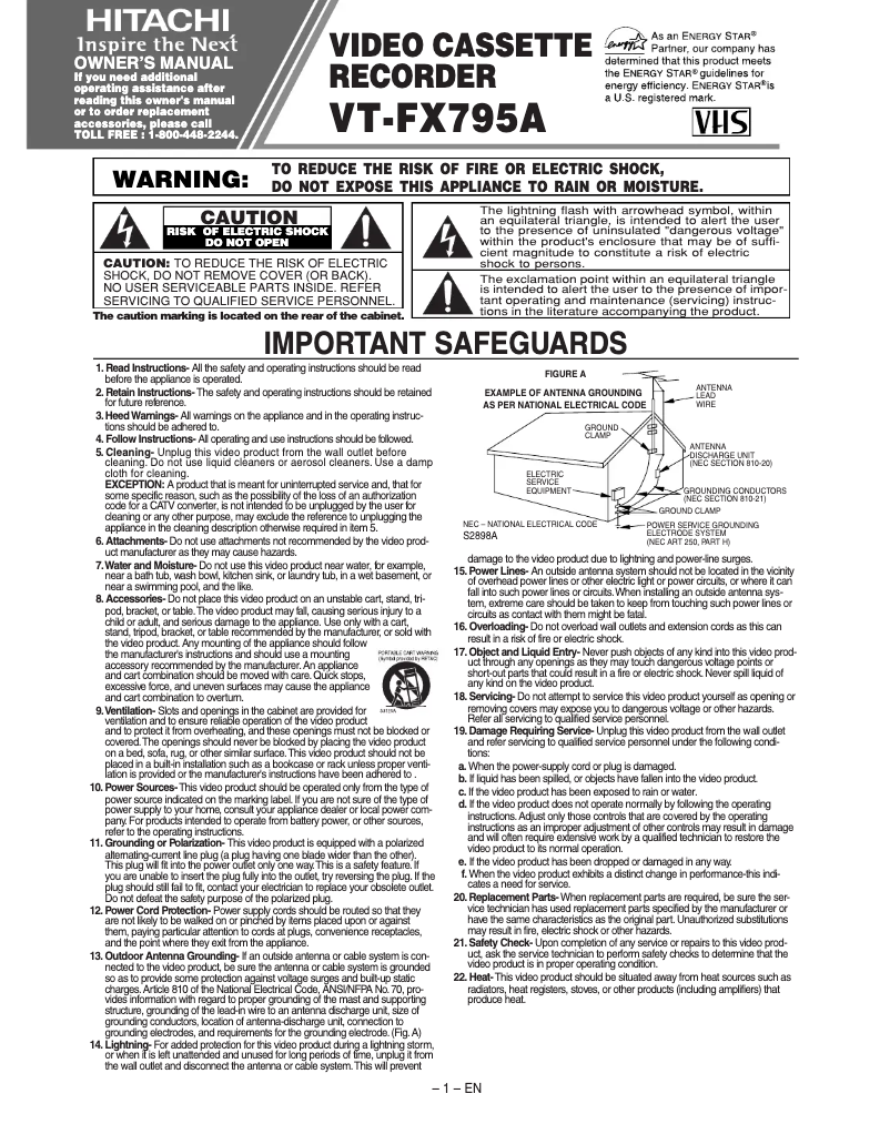 Page 1 de la notice Manuel utilisateur Hitachi VT-FX795A