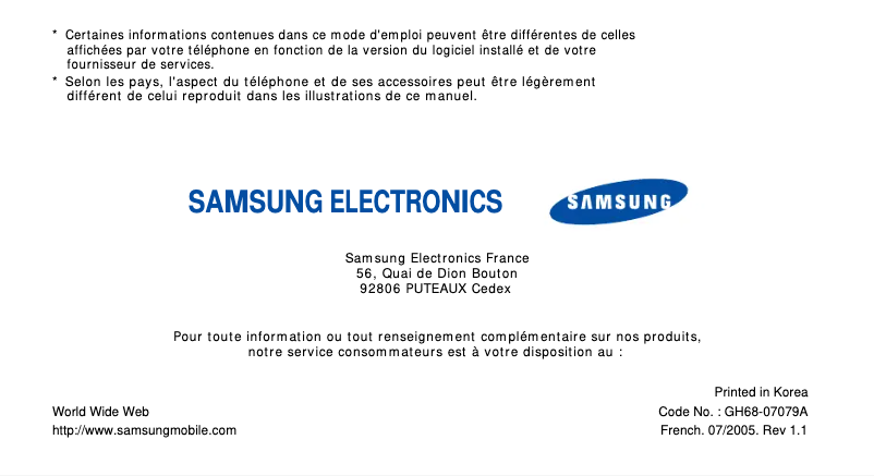 Page 1 de la notice Manuel utilisateur Samsung SGH-E340