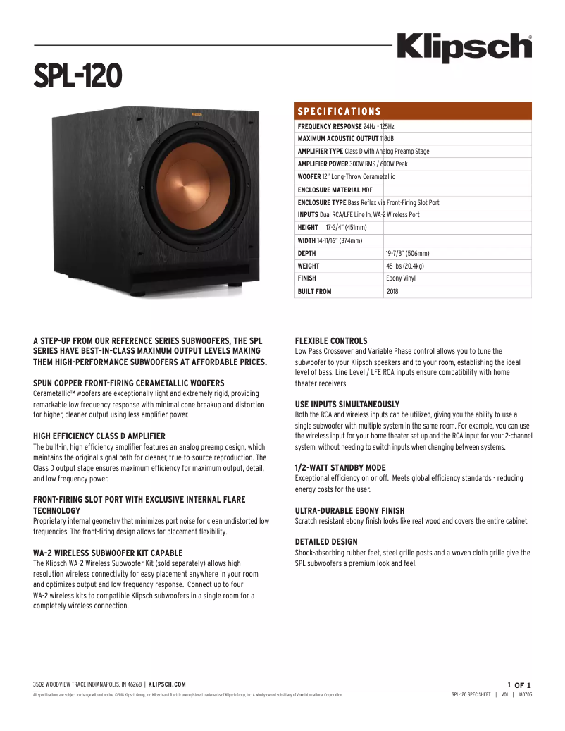 Page n°1 - Fiche technique Klipsch SPL-120