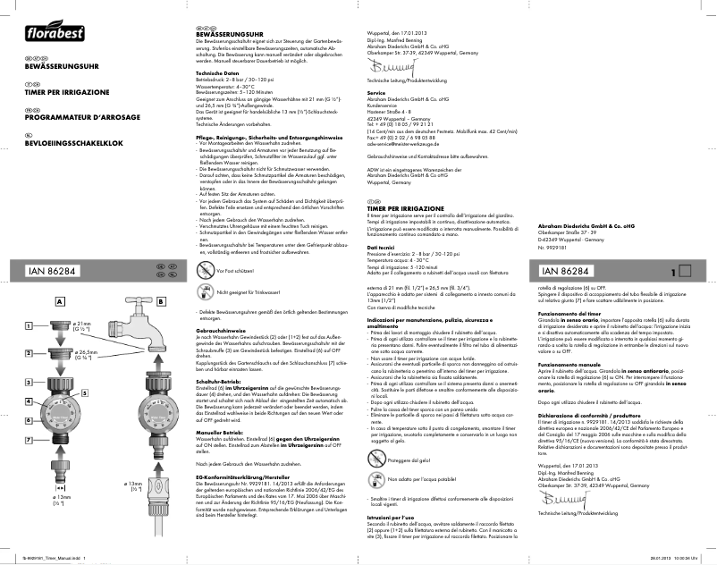 Page 1 de la notice Manuel utilisateur Florabest IAN 86284