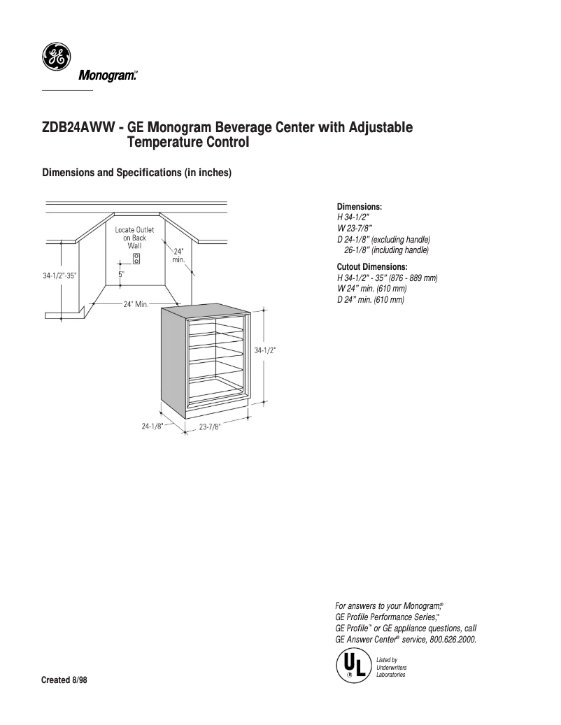 Page 1 of the manual Technical Sheet GE ZDB24AWW