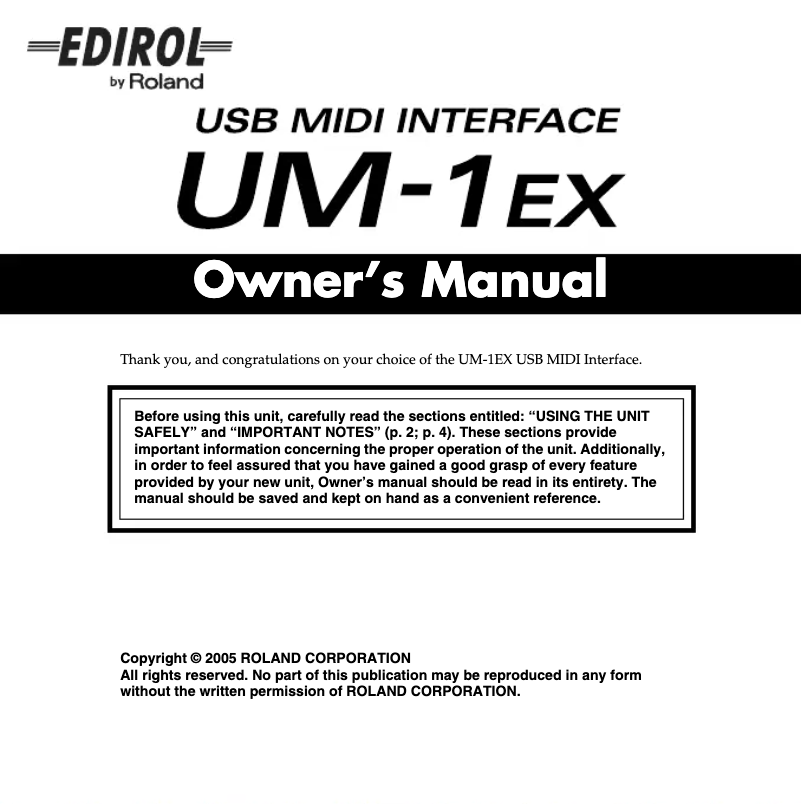 Page n°1 - Manuel utilisateur Roland UM-1EX