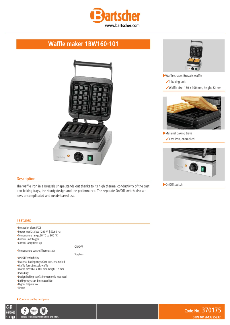 Page n°1 - Fiche technique Bartscher 1BW160-101