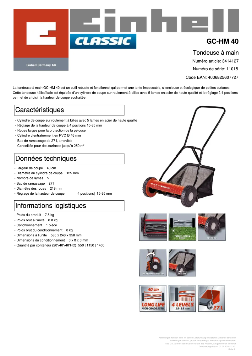 Page n°1 - Fiche technique Einhell GC-HM 40