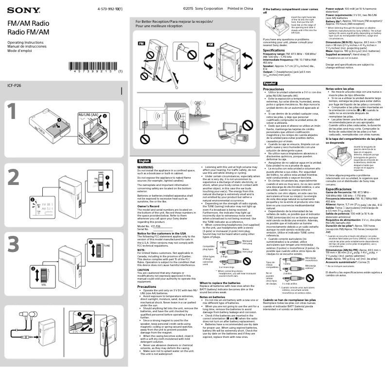 Page 1 de la notice Manuel utilisateur Sony ICF-P26