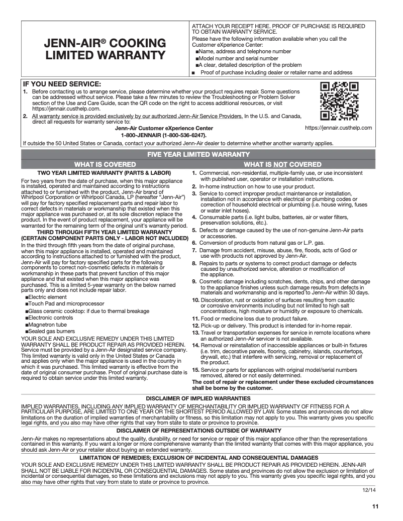 Page 1 de la notice Informations de garantie JennAir JGD3536GB