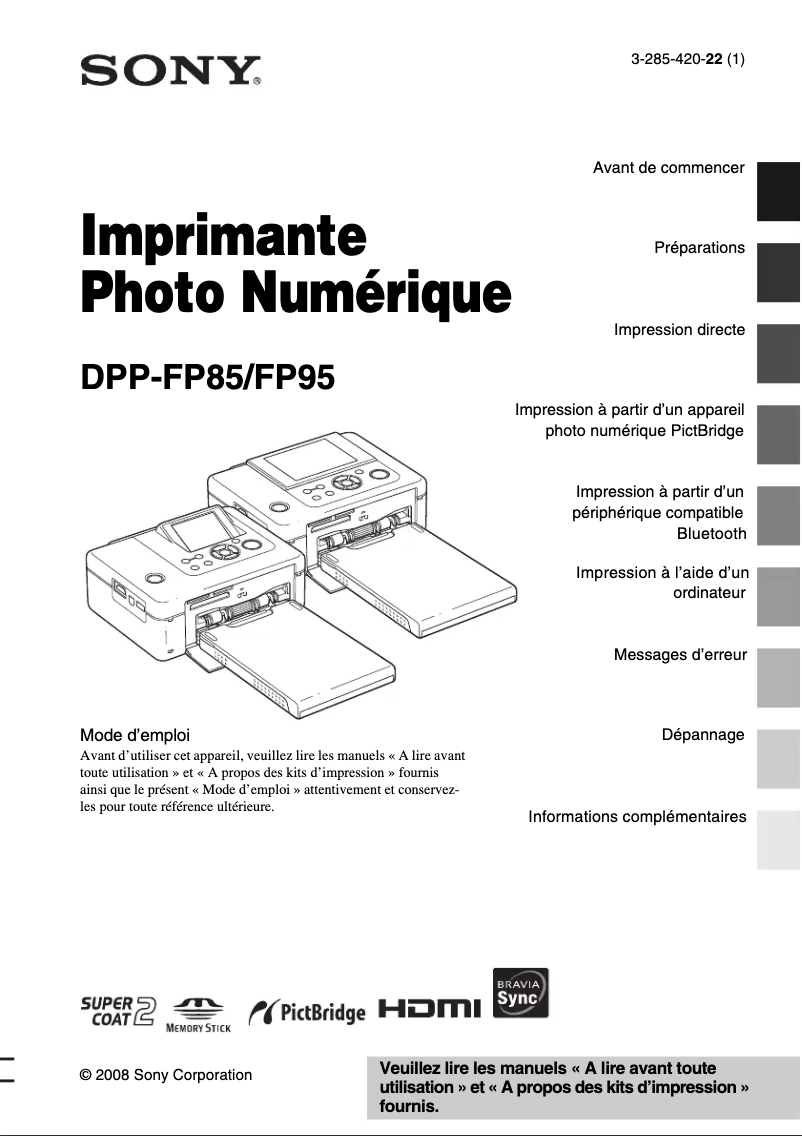 Page 1 de la notice Manuel utilisateur Sony DPP-FP95