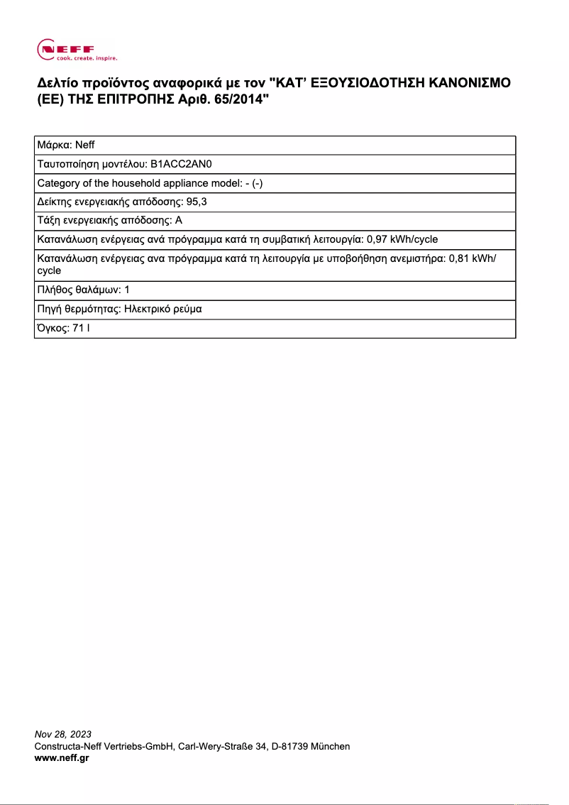 Page 1 de la notice Fiche technique Neff B1ACC2AN0