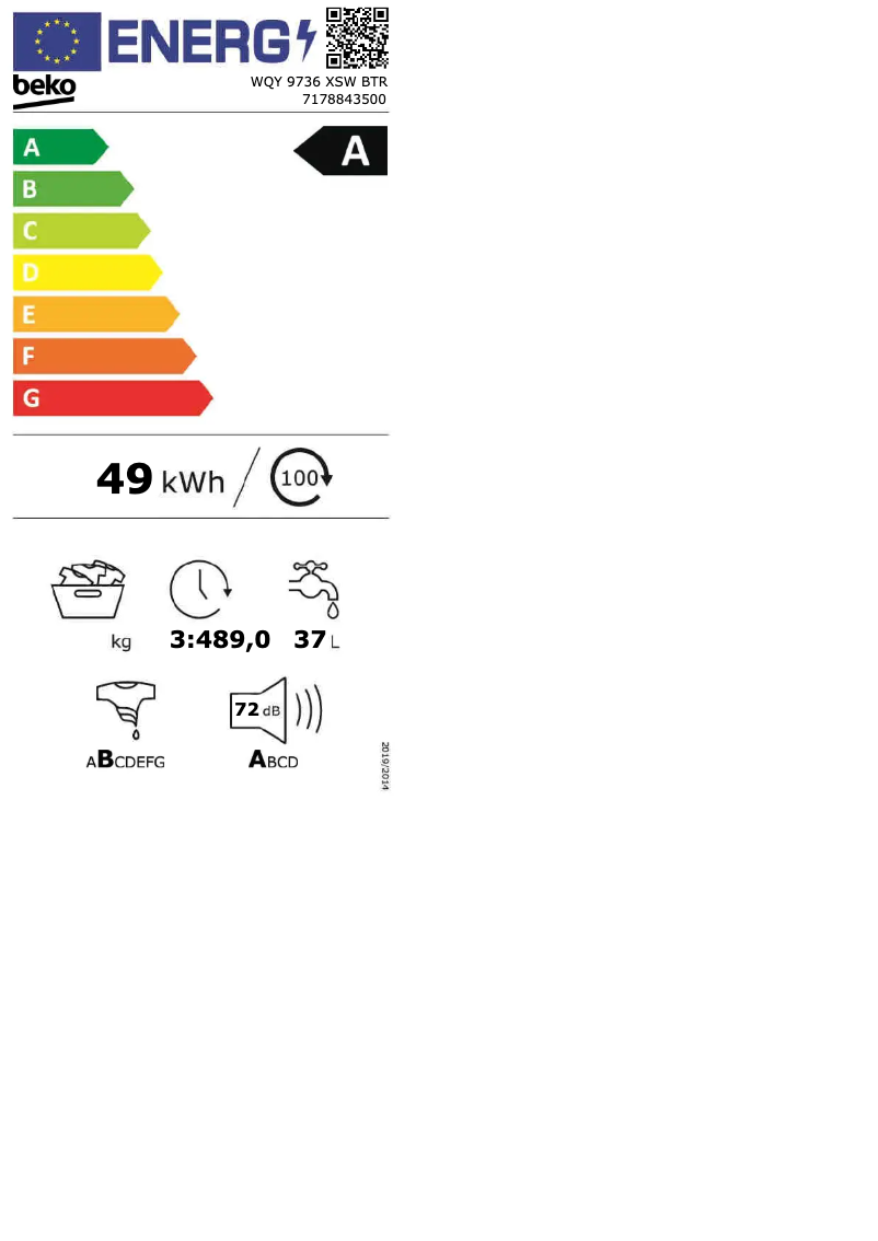 Page 1 de la notice Label énergétique Beko WQY 9736 XSW BTR