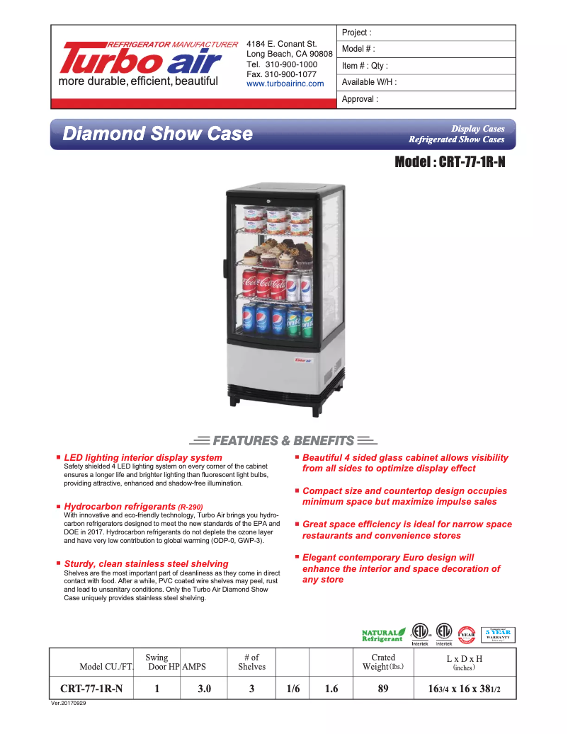 Page 1 de la notice Fiche technique Turbo air CRT-77-1R