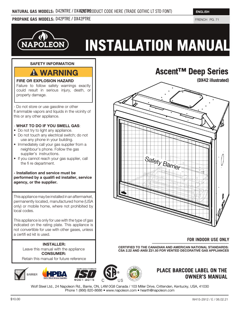 Page n°1 - Manuel utilisateur Napoleon Ascent Deep 42