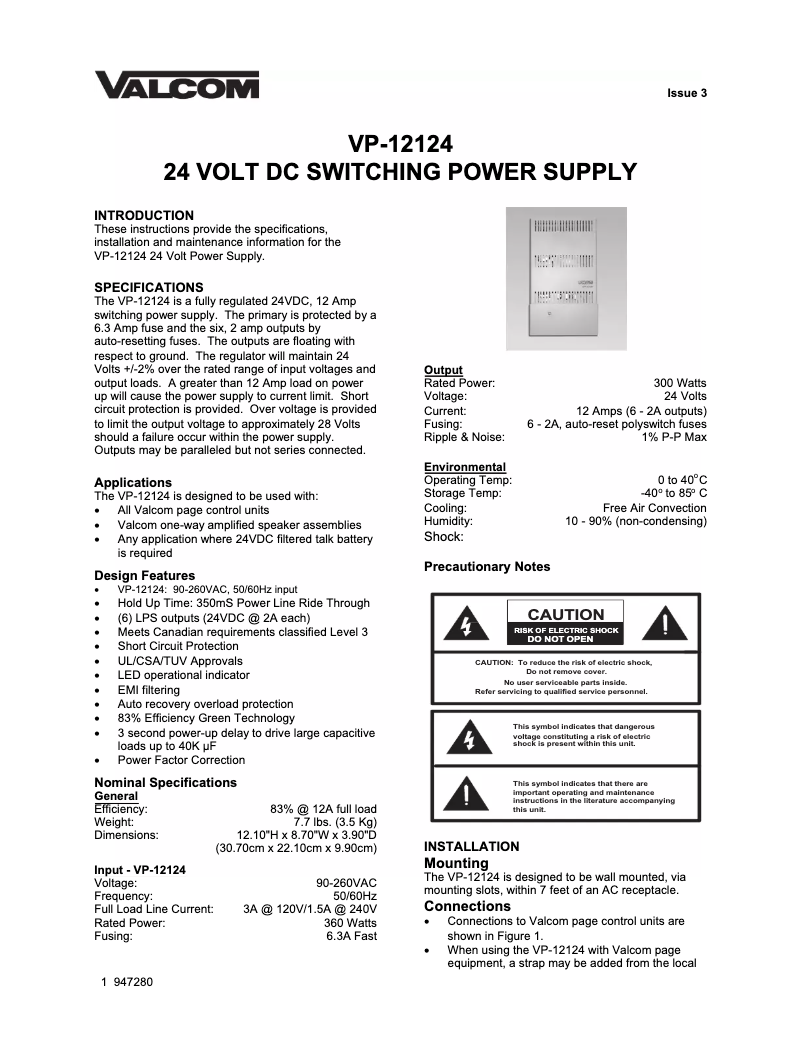 Page 1 de la notice Manuel utilisateur Valcom VP-12124