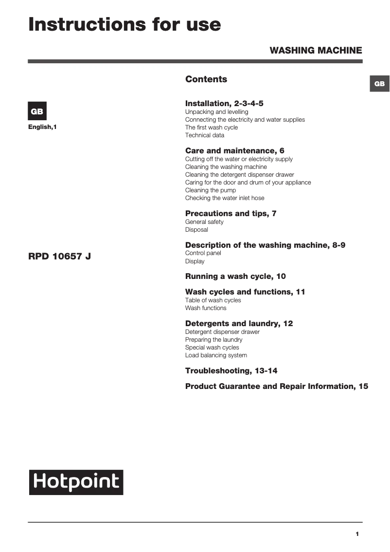 Page n°1 - Manuel utilisateur Hotpoint RPD 10657 J UK