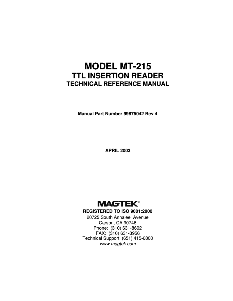 Page n°1 - Manuel utilisateur MagTek MT-215