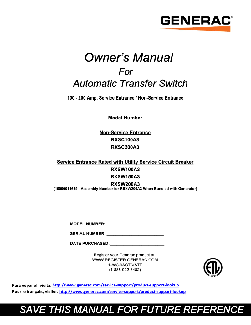 Página 1 del manual Manual de usuario Generac RXSC100A3