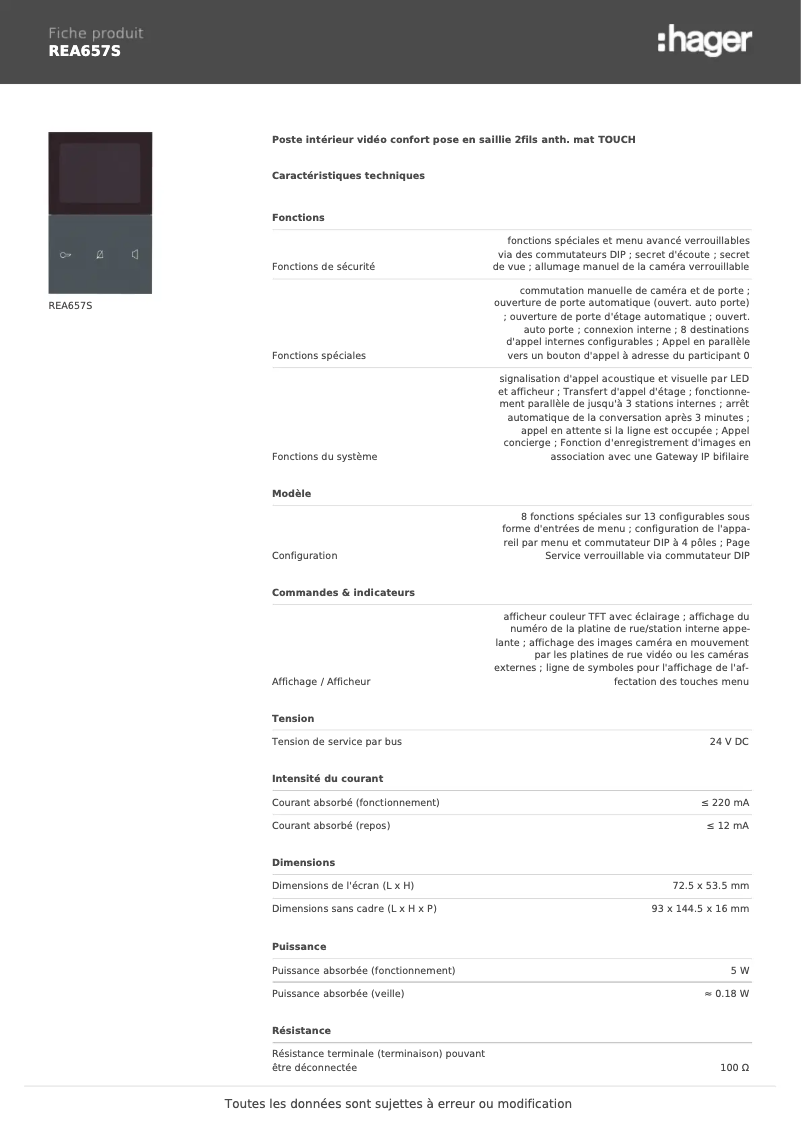 Page 1 de la notice Fiche technique Elcom REA657S