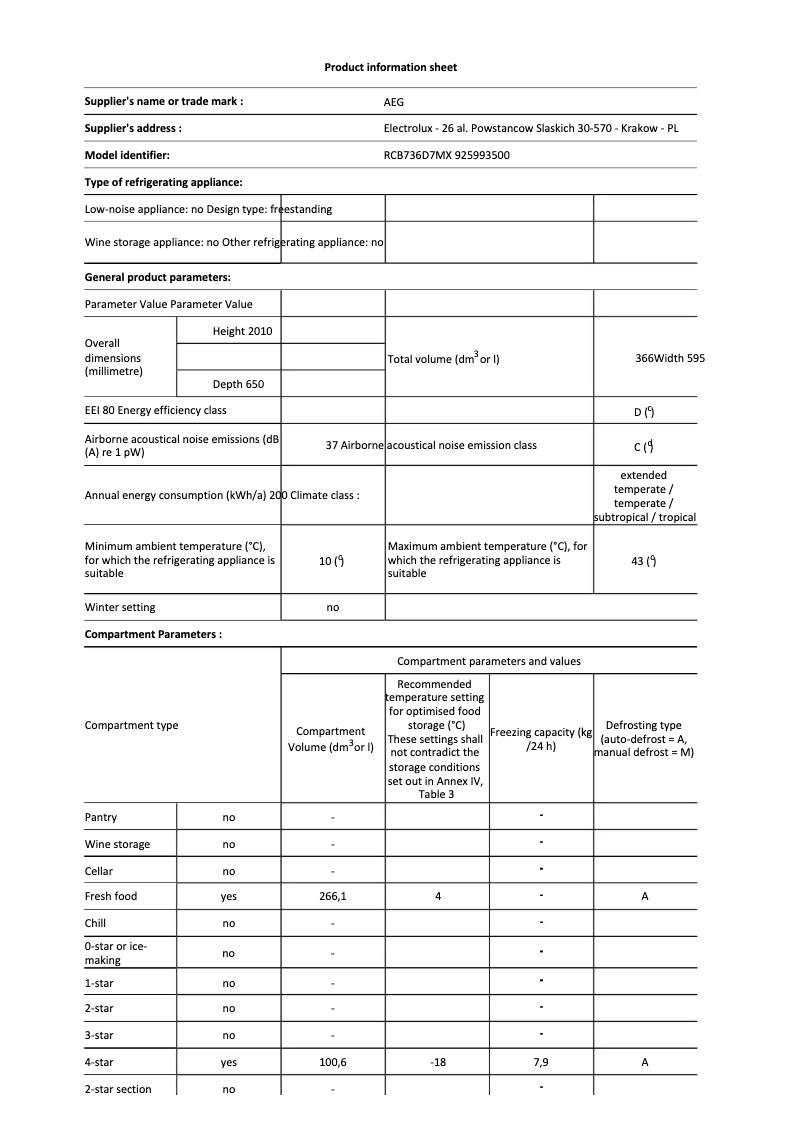 Page 1 de la notice Fiche technique AEG RCB736D7MX