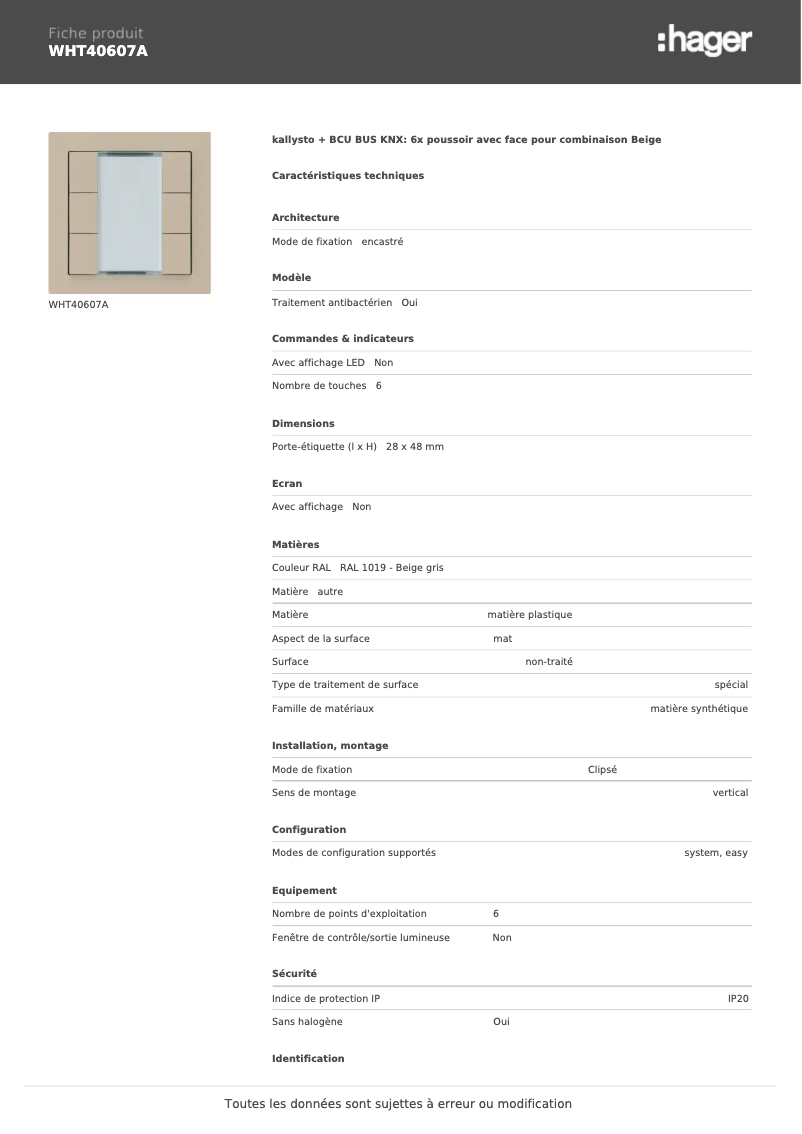 Page 1 de la notice Fiche technique Hager WHT40607A