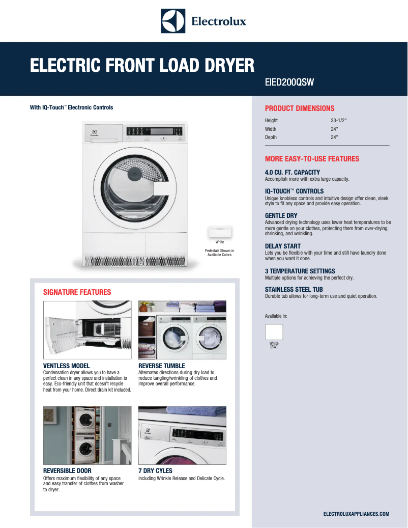 Page 1 de la notice Fiche technique Electrolux EIED200QSW