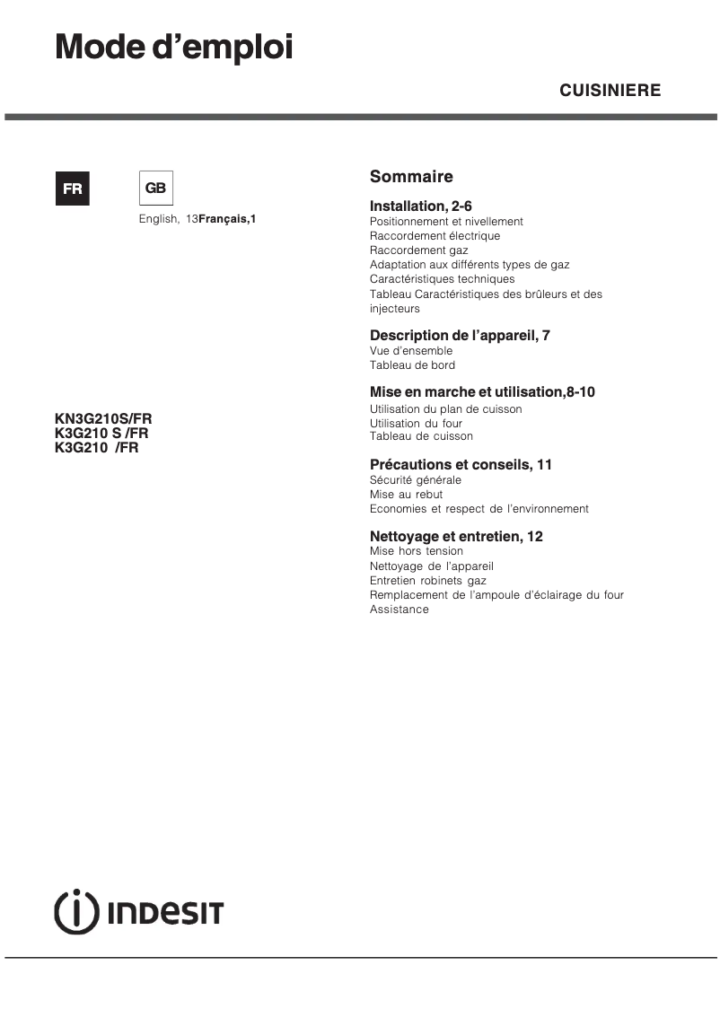 Page 1 de la notice Manuel utilisateur Indesit KN3G210S(X)/FR