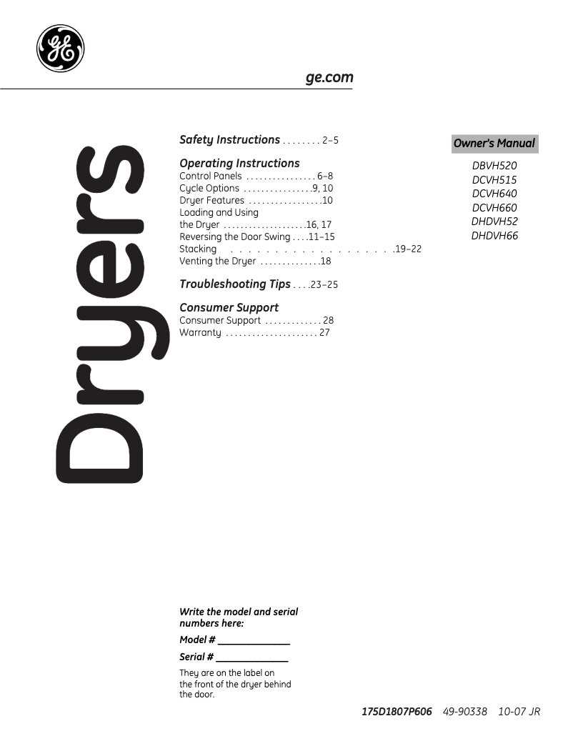 Page n°1 - Manuel d'utilisation et d'entretien GE DCVH660EHMS