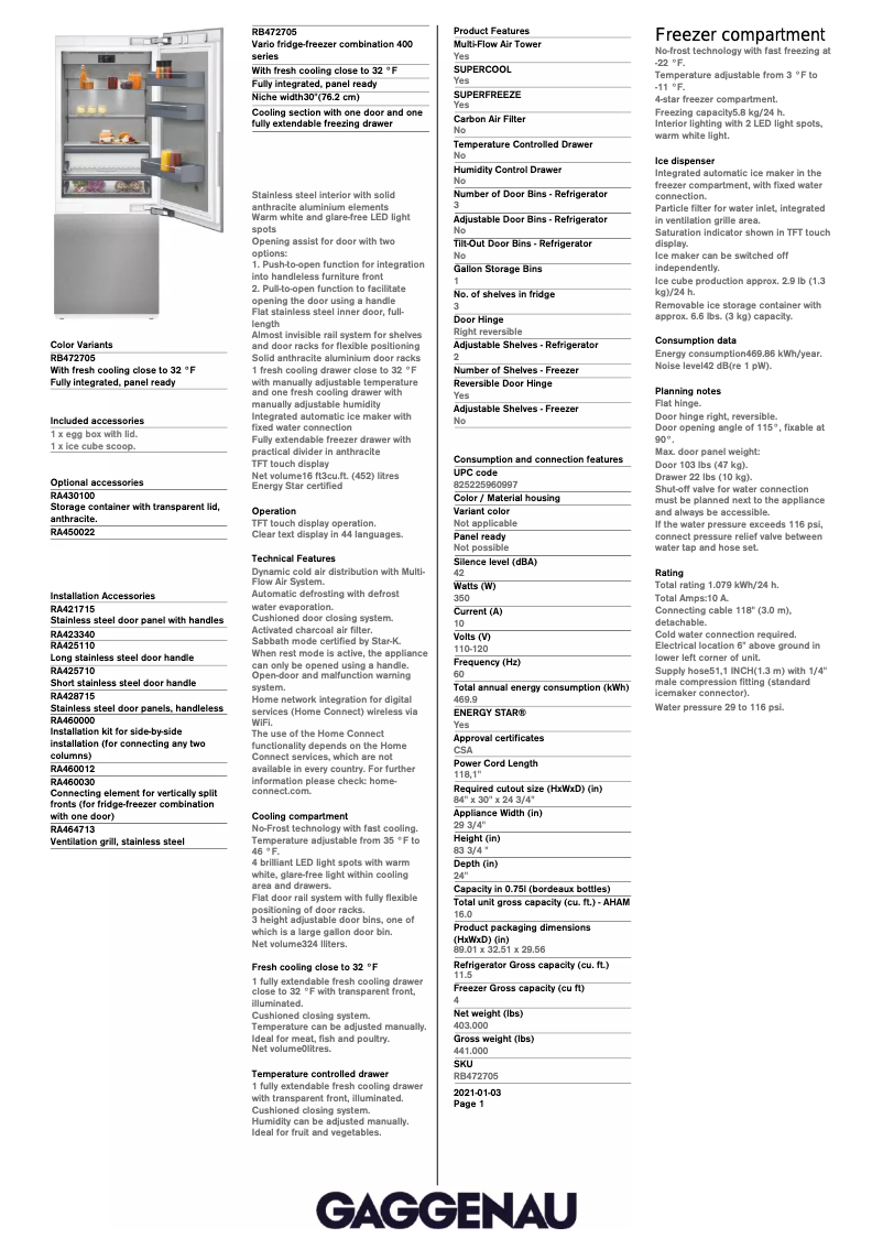 Page 1 de la notice Fiche technique Gaggenau RB472705