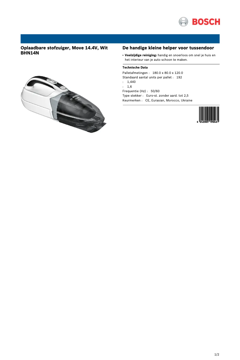 Page 1 de la notice Fiche technique Bosch BHN14N