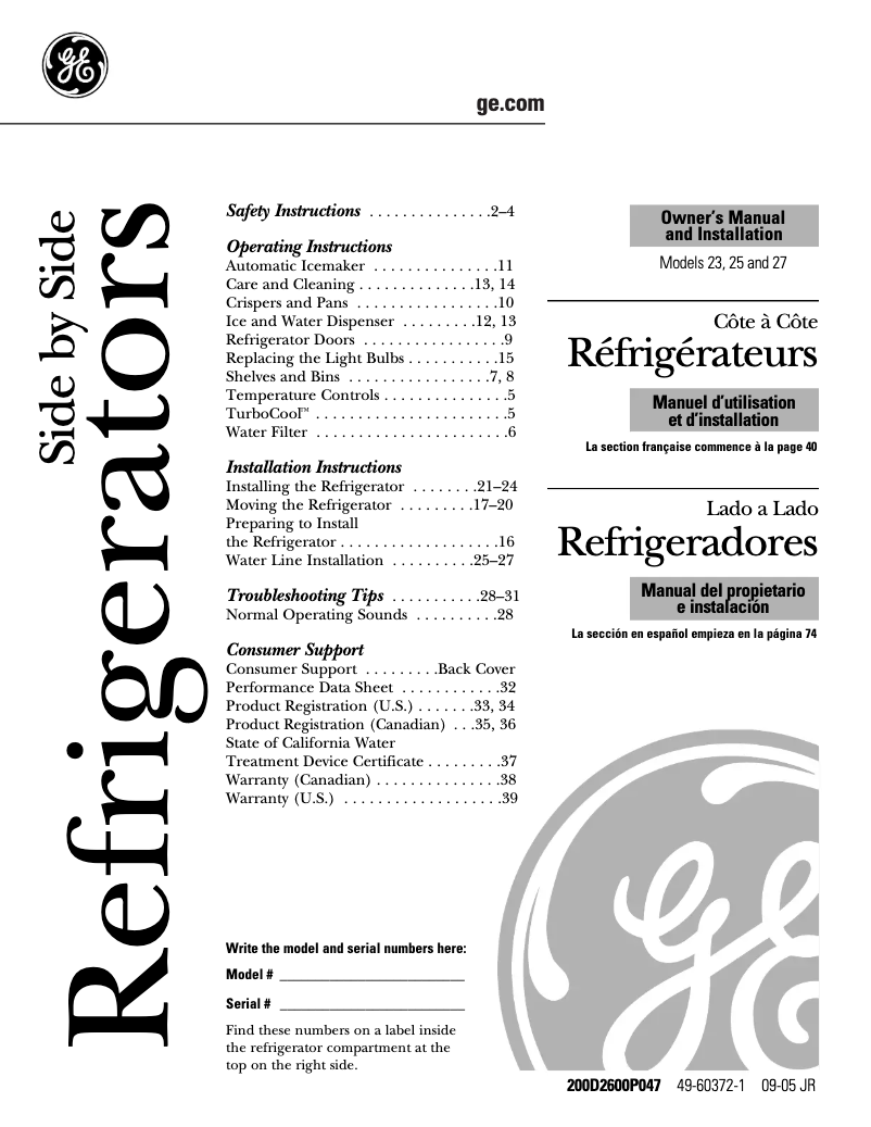 Page 1 de la notice Manuel d'utilisation et d'entretien GE DSS25LGPBB