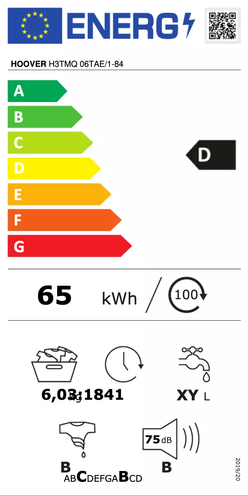 Page 1 de la notice Label énergétique Hoover H3TMQ 06TAE/1-84