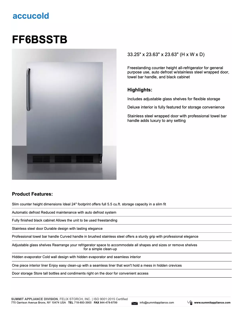 Page 1 de la notice Fiche technique Summit FF6BSSTB