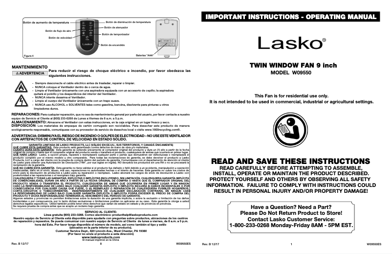 Page 1 de la notice Manuel utilisateur Lasko W09550