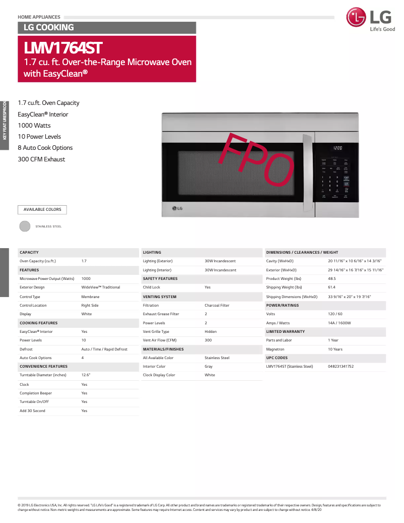 Page 1 de la notice Fiche technique LG LMV1764ST