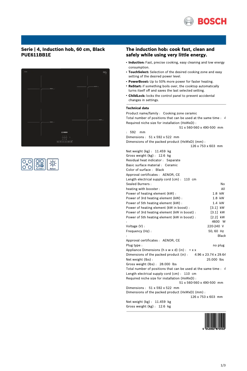 Page 1 de la notice Fiche technique Bosch PUE611BB1E