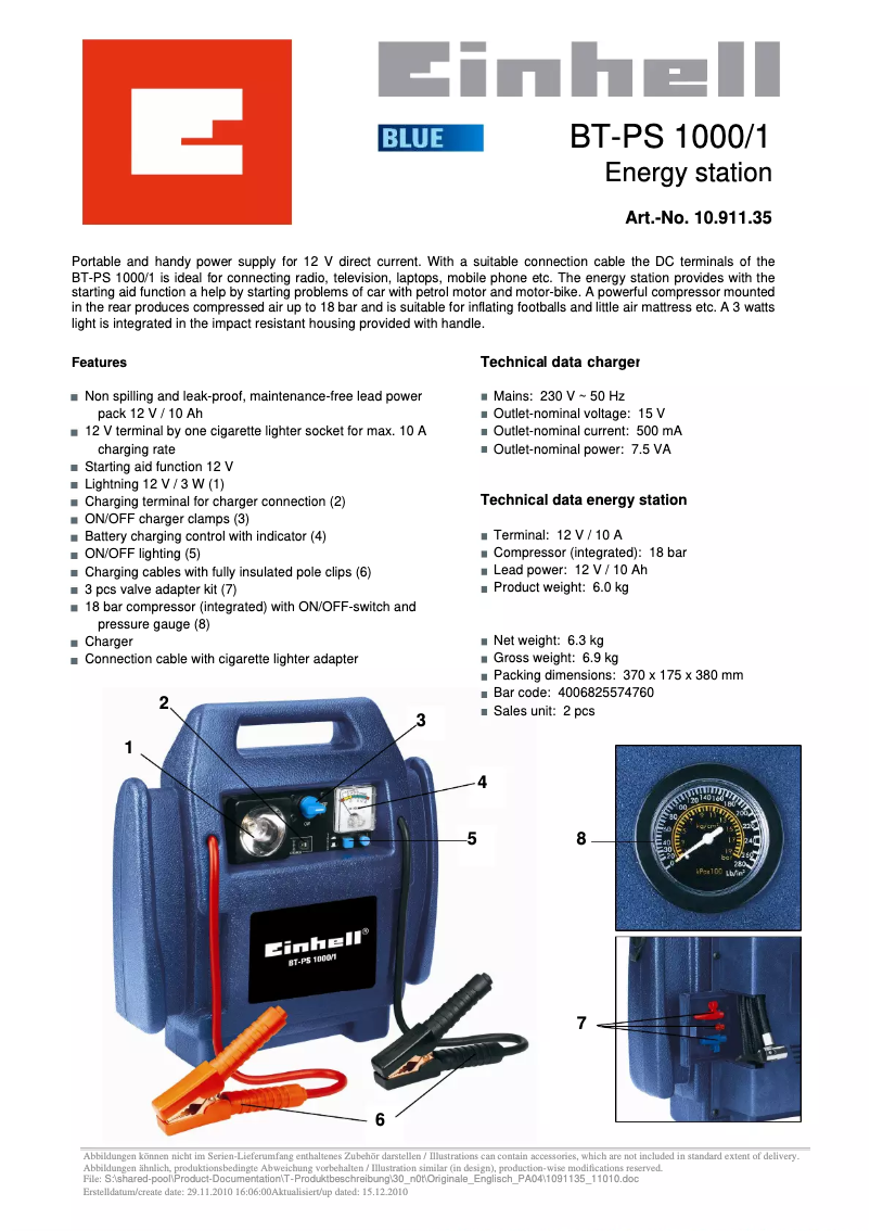Page 1 de la notice Manuel utilisateur Einhell BT-PS 1000/1