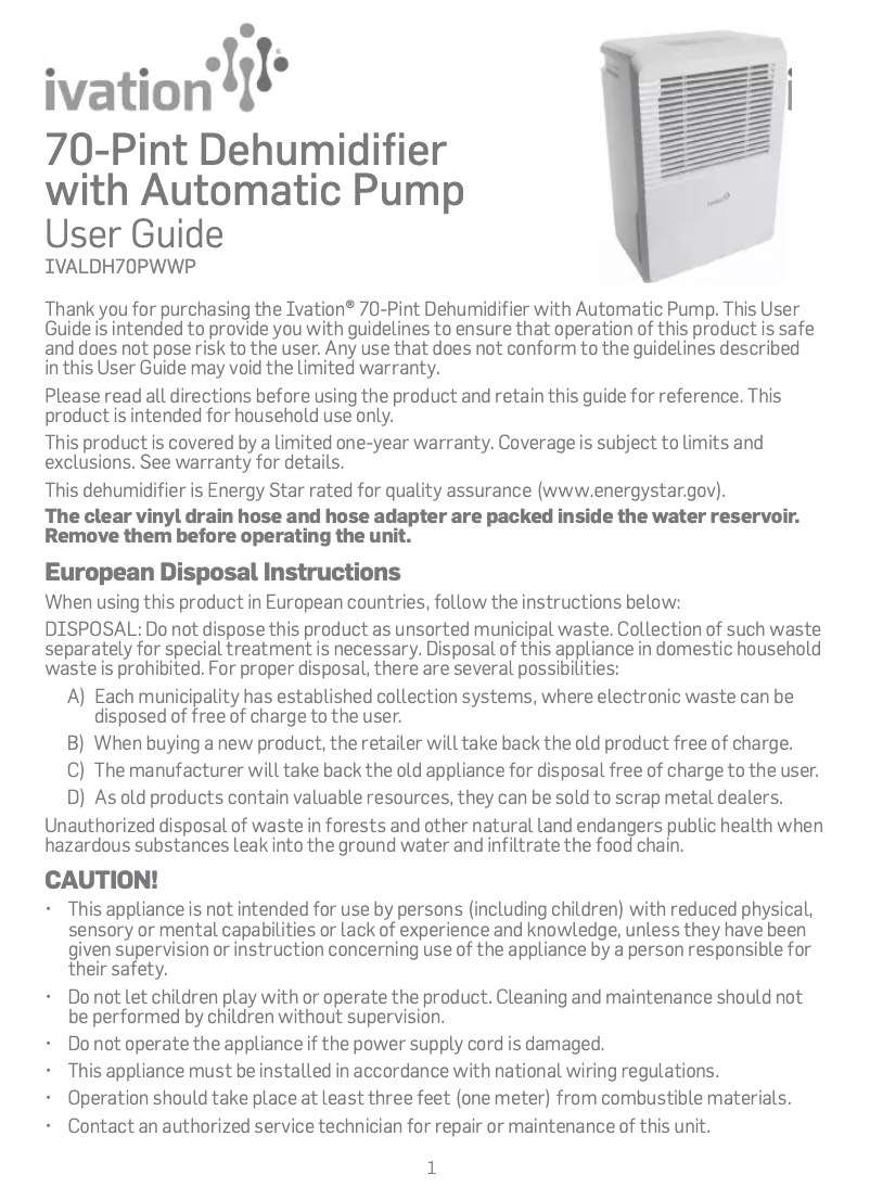 Page 1 de la notice Manuel utilisateur Ivation IVALDH70PWWP