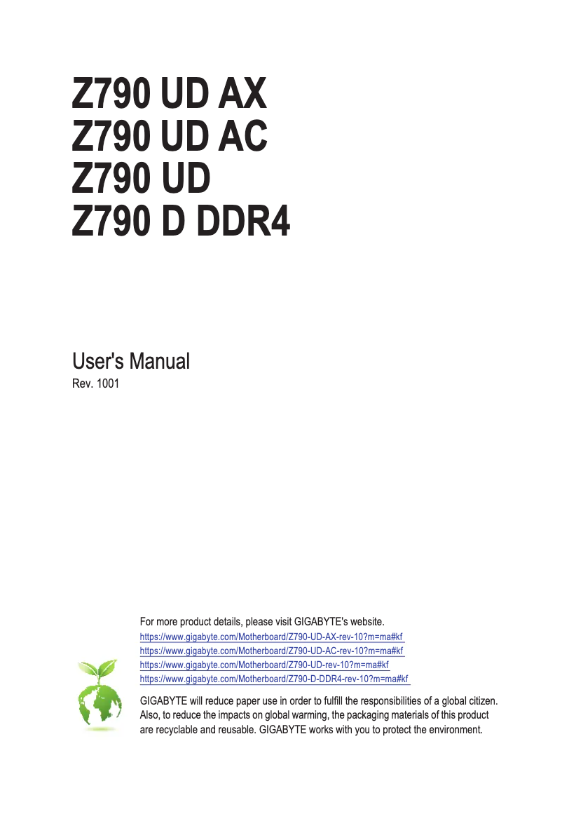 Page 1 de la notice Manuel utilisateur Gigabyte Z790 UD