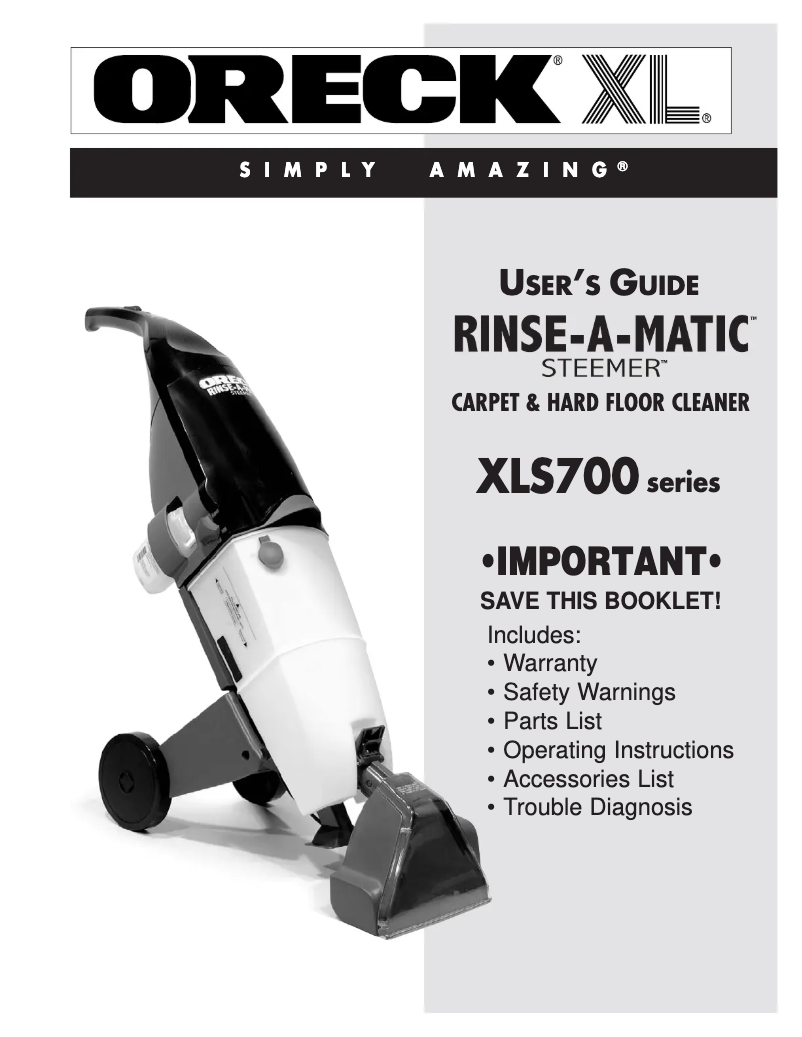 Page n°1 - Manuel utilisateur Oreck RinseAMatic XLS70