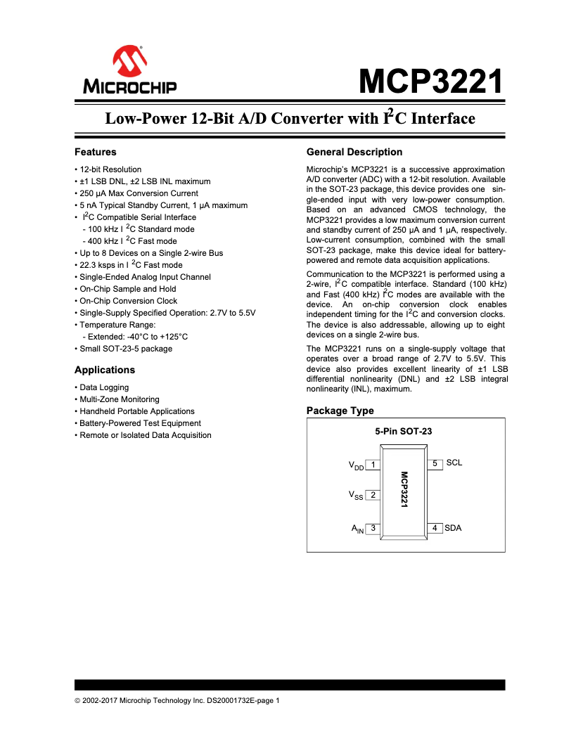 Page 1 de la notice Fiche technique Microchip MCP3221