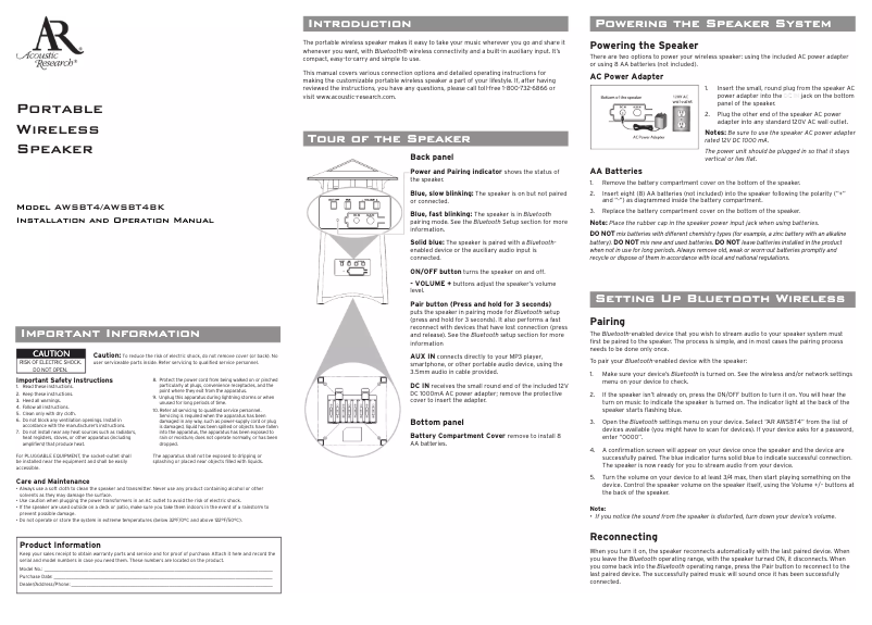 Page n°1 - Manuel utilisateur Acoustic Research AWSBT4BK