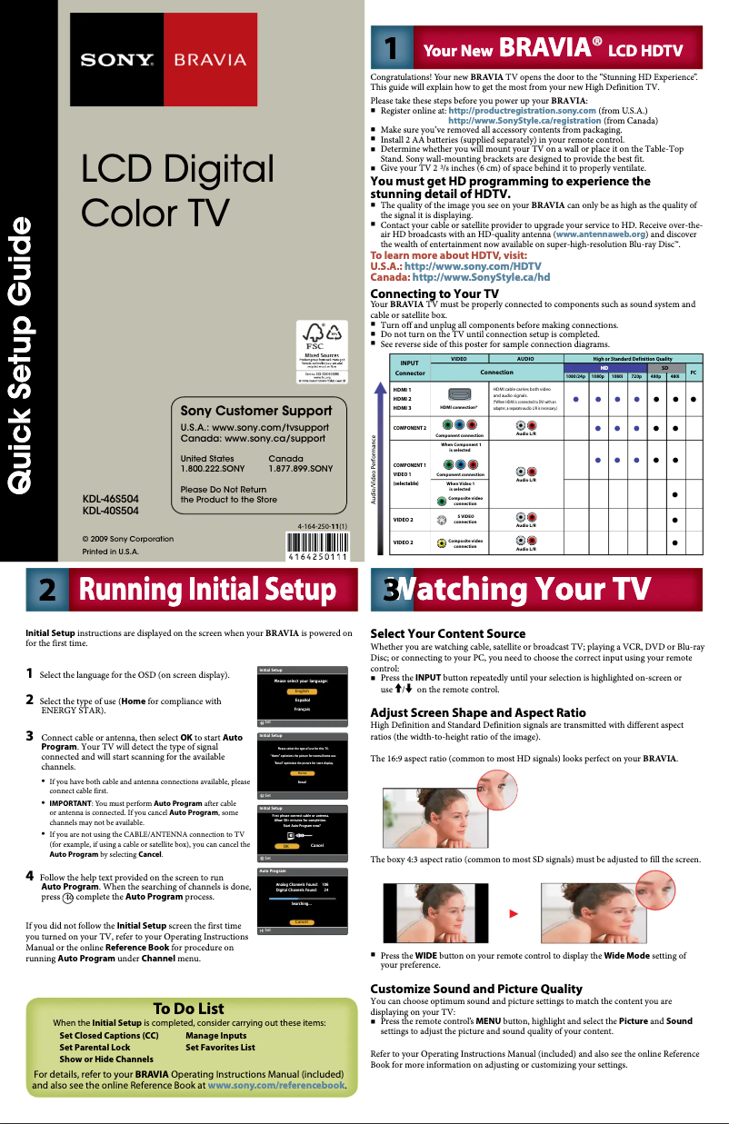 Page 1 de la notice Guide d'installation Sony Bravia KDL-46S504