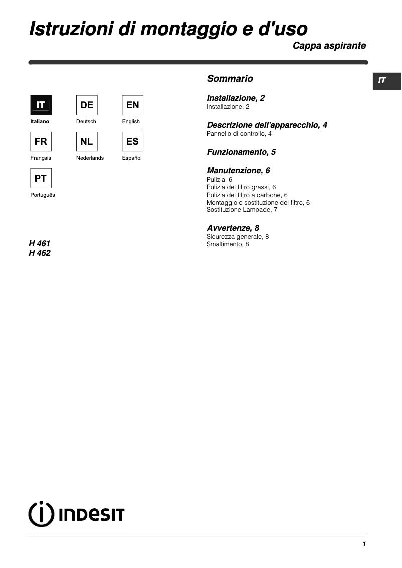 Page 1 de la notice Manuel utilisateur Indesit H 462