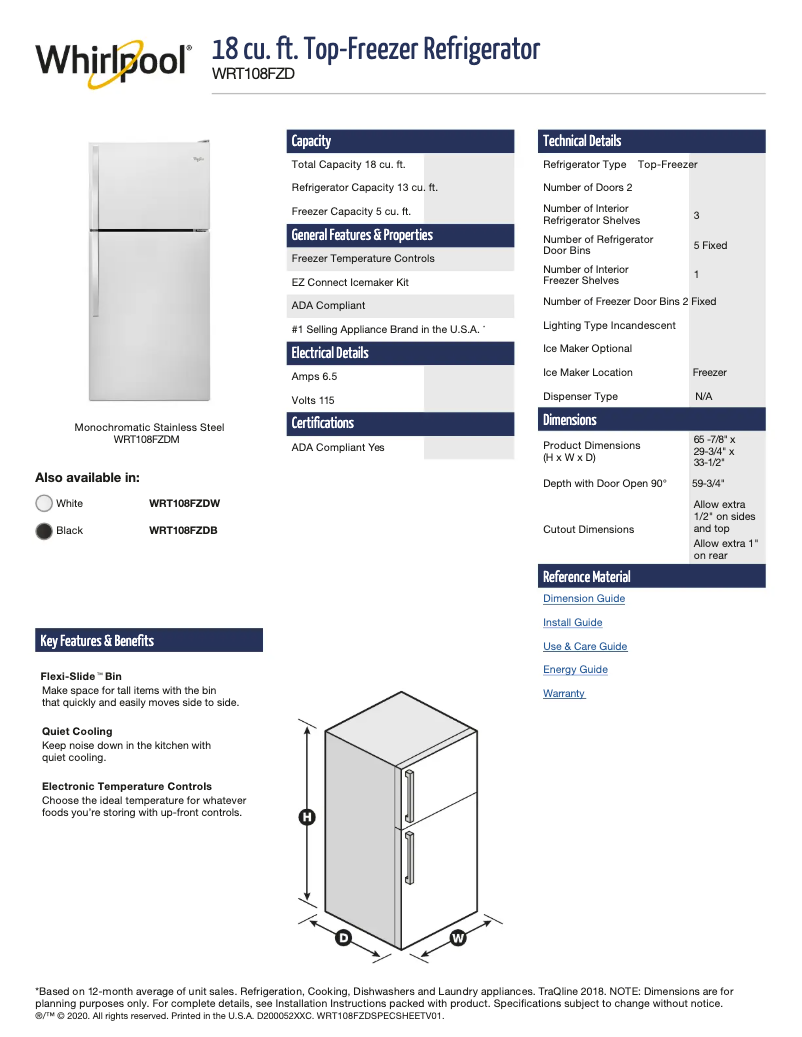 Page 1 de la notice Fiche technique Whirlpool WRT108FZDM