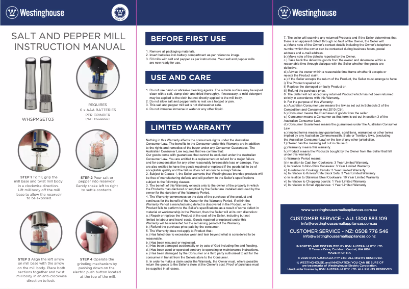 Page 1 de la notice Manuel utilisateur Westinghouse WHSPMSET03