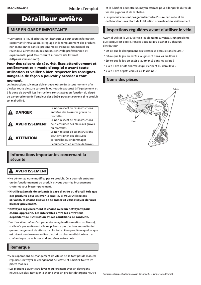 Page 1 de la notice Manuel utilisateur Shimano RD-R9100-SS