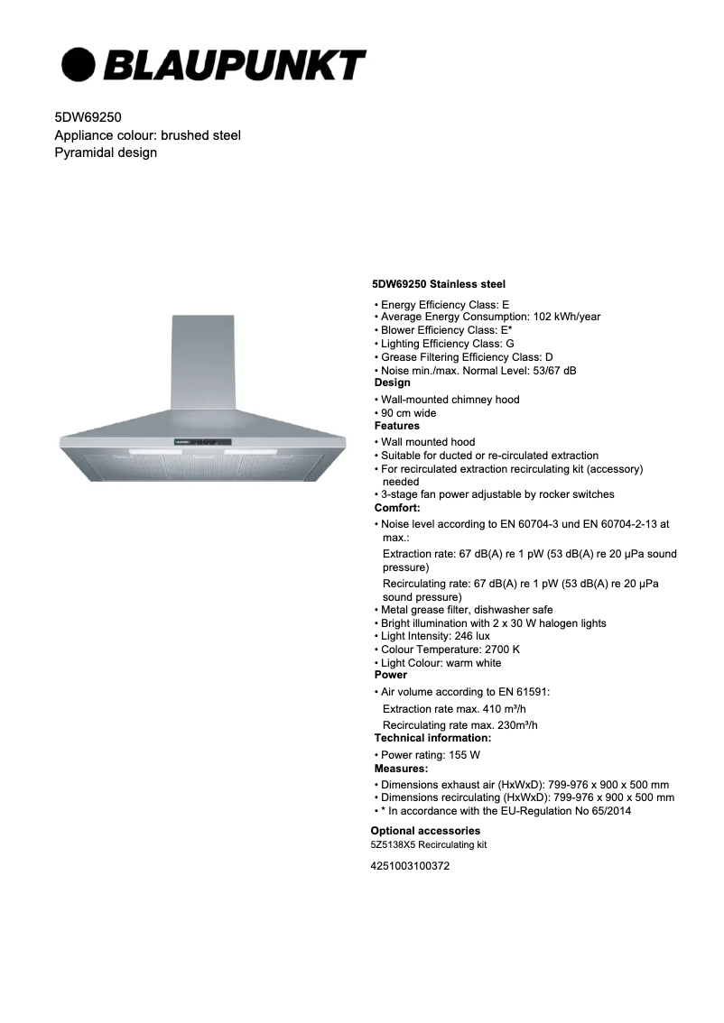 Page 1 de la notice Fiche technique Blaupunkt 5DW69250
